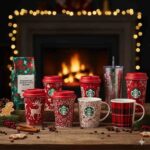 Collection of diverse Starbucks red cups and holiday merchandise, including tumblers, mugs, and reusable cups, showcasing the annual design theme
