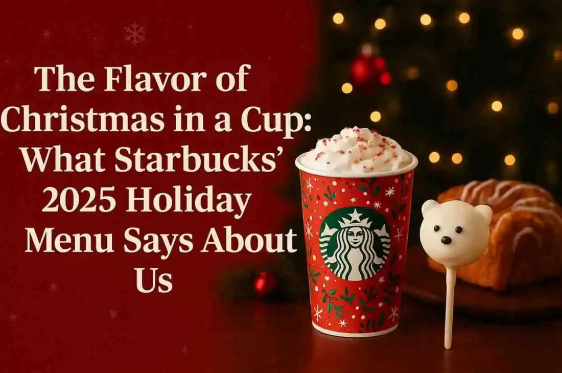 The Flavor of Christmas in a Cup: What Starbucks' 2025 Holiday Menu Says About Us 1 Starbucks Christmas 2025 holiday menu banner featuring festive red cup, holiday decorations, and the title ‘The Flavor of Christmas in a Cup, Starbucks Christmas menu 2025