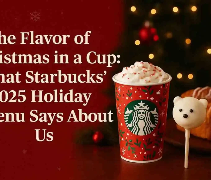 Starbucks Christmas 2025 holiday menu banner featuring festive red cup, holiday decorations, and the title ‘The Flavor of Christmas in a Cup, Starbucks Christmas menu 2025