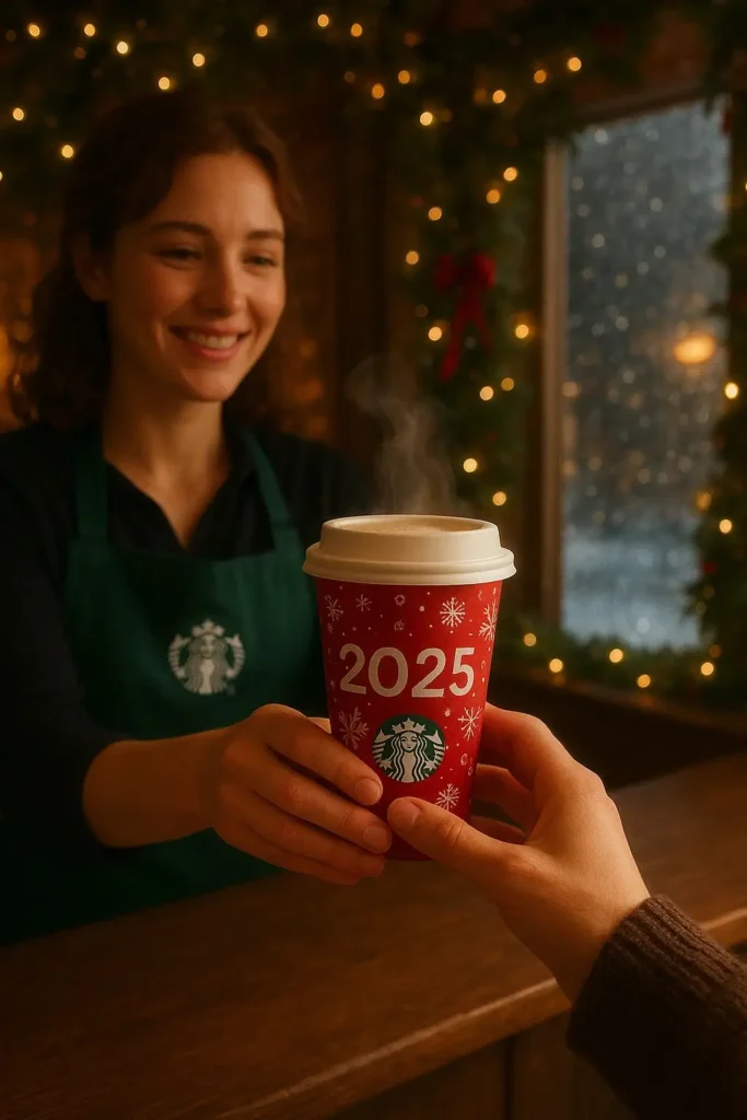 Festive Starbucks café filled with people gathering and enjoying holiday drinks