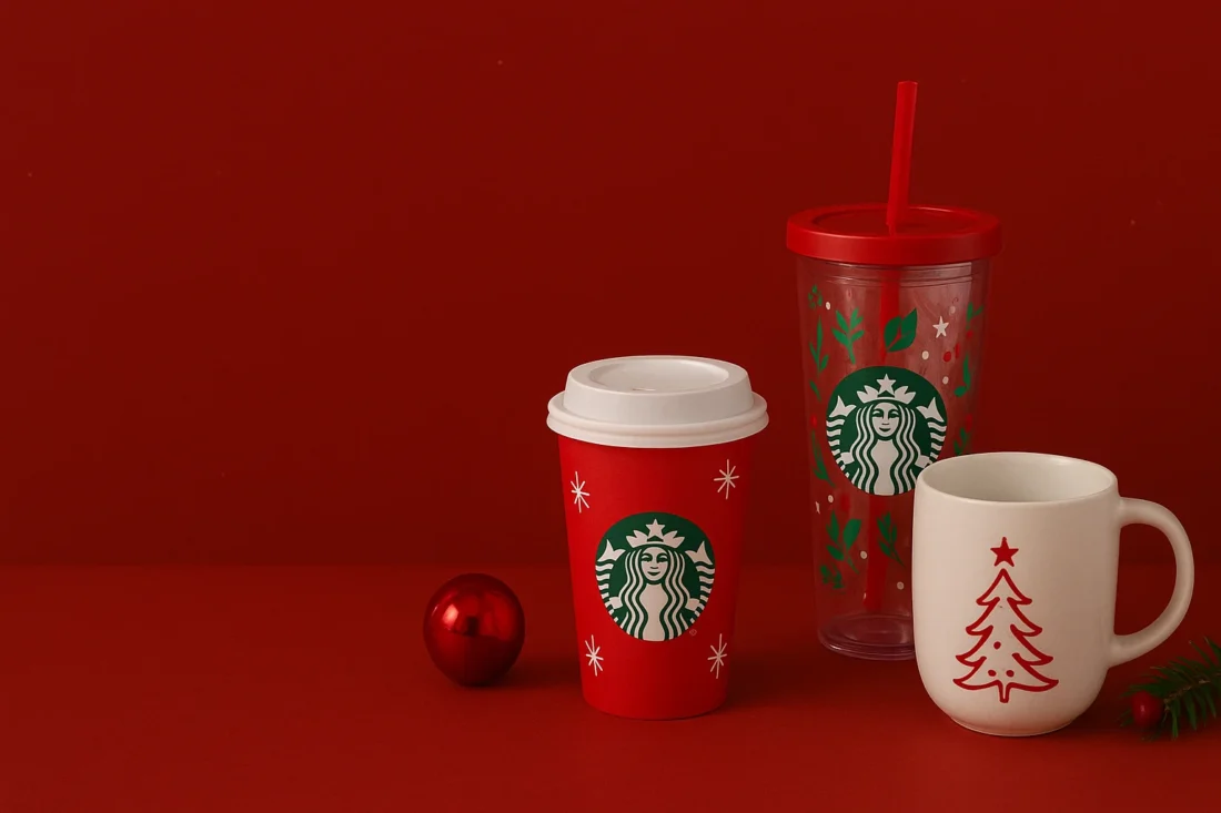 Starbucks holiday gifts 2025 collection featuring red cups, tumblers, and Christmas merchandise displayed on festive background
