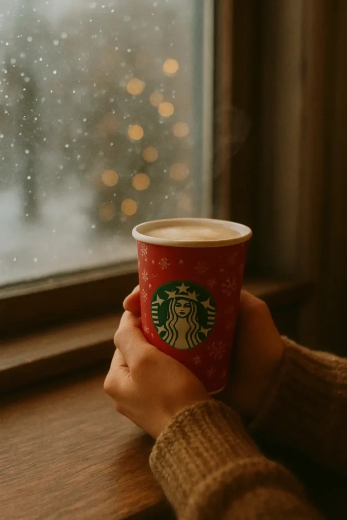 Person holding a Starbucks red cup, reflecting on moments of connection and gratitude during the holiday season