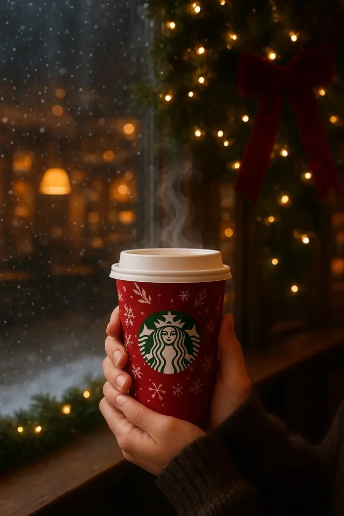 Person holding a warm red holiday coffee cup in a cozy Christmas café scene
