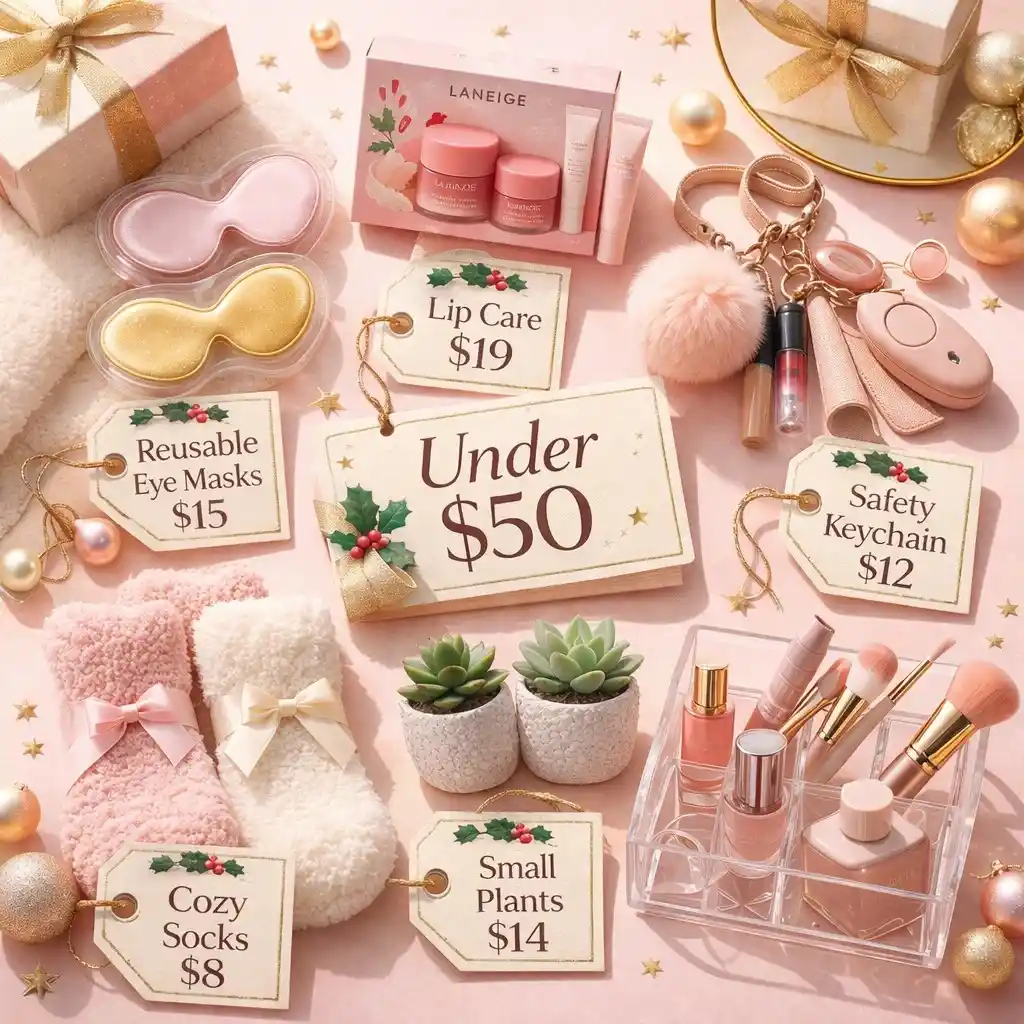 Affordable Christmas gifts for women under $50 including beauty and lifestyle items